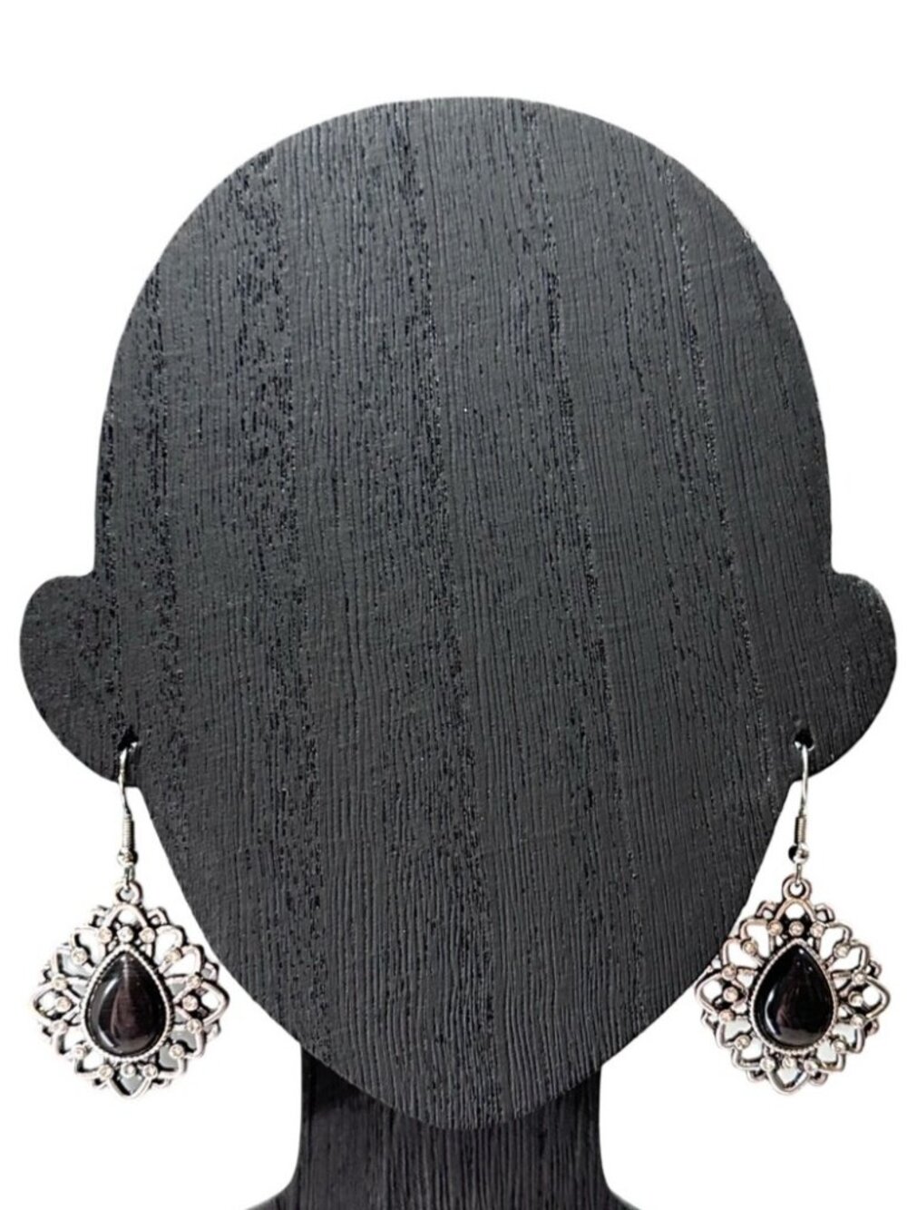 Vintage Style Silver Drop Earrings Black Teardrop Center Ornate Openwork 2 Inch